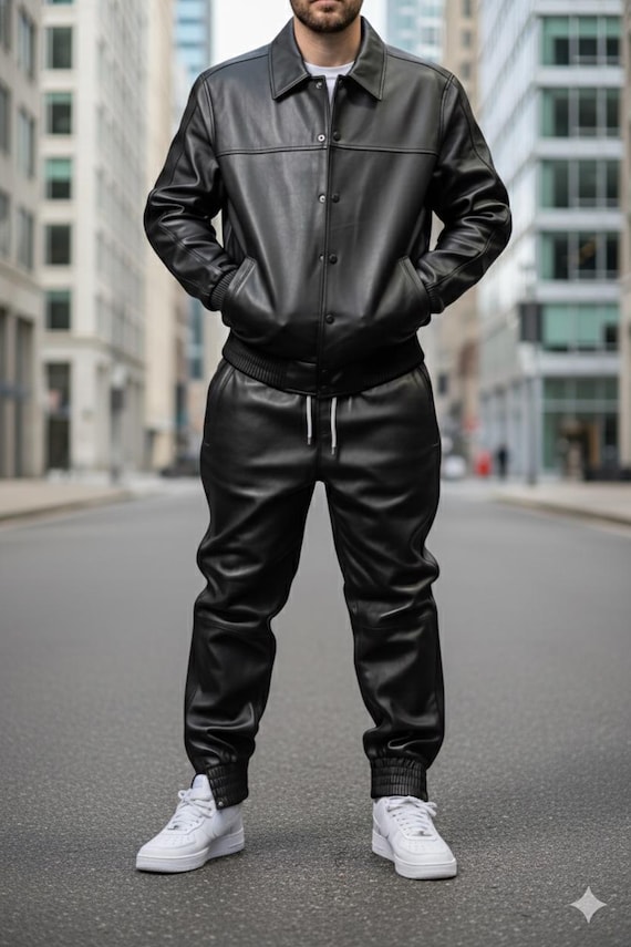 Men's Real Leather Tracksuit: Handmade Jogging Gym Wear in Soft Leather