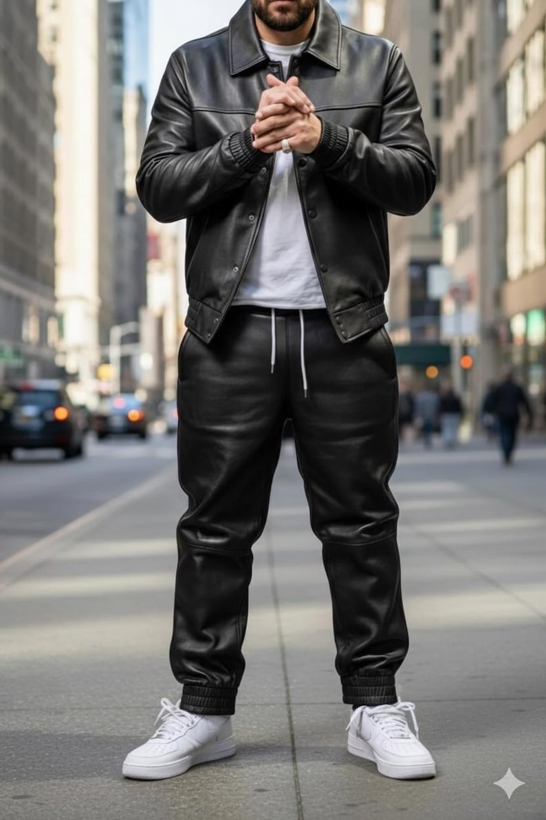Pu&ograve; includere: Giacca in pelle nera con collo e pantaloni in pelle nera abbinati. L'outfit &egrave; abbinato a scarpe da ginnastica bianche. La giacca ha una chiusura con bottoni e polsini a coste. I pantaloni hanno una vita con coulisse.