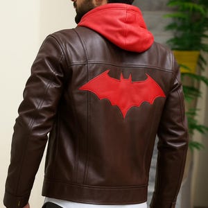 jason todd veste en cuir chauve-souris marron et rouge pour homme, veste en cuir de moto, veste en cuir élégante, veste de motard noire pour homme
