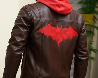 Jason Todd Brown & Red Leather Biker Jacket: Removable Hood