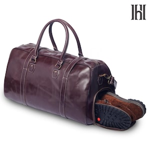 Handmade Leather Duffel Bag: Travel Weekender with Shoe Compartment