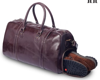 Handmade Leather Duffel Bag: Travel Weekender with Shoe Compartment