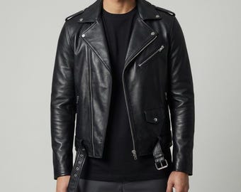 Mens Black Leather Biker Jacket, Slim Fit Street Style Motorcycle Jacket,