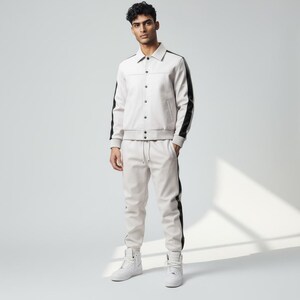 Può includere: Un completo giacca e pantaloni grigio chiaro con strisce nere sulle maniche e sulle gambe dei pantaloni. La giacca ha una chiusura con bottoni e un colletto. I pantaloni hanno una vita con coulisse. La persona indossa sneakers alte bianche.