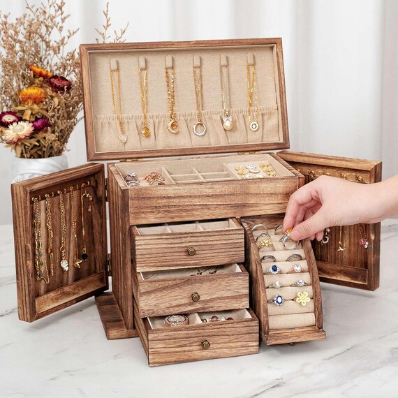 Rustic Wood Jewelry Box Organizer: Farmhouse Style Necklace Display