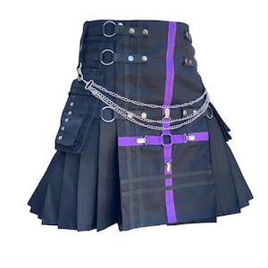 Scottish Black Utility Kilt Hybrid Cotton Kilt Gothic Style Black Kilt With Purple Anwar Handmade Kilt For Men&#39;s