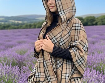 Women's Scottish Highlander Hoodie Ruana Wrap Handmade Ladies Poncho Winter Blanket Shawl With Four Sided Overlock Available in 50+ Tartans