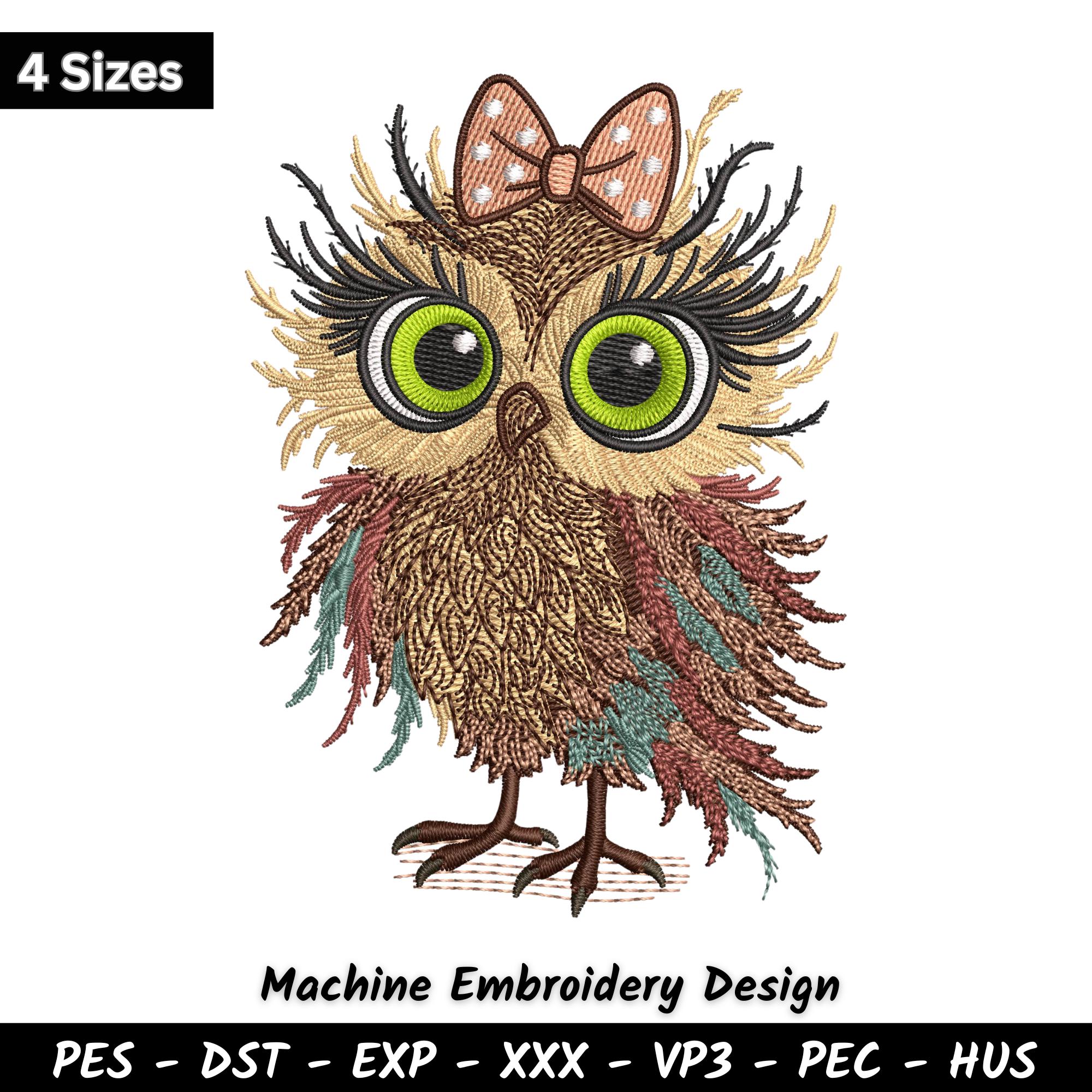 Cute Owl Embroidery Design with Bow | Colorful Bird Machine Embroidery File | Baby Girl, Woodland An