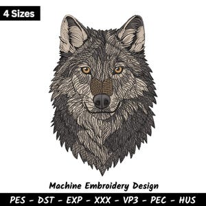 May include: Machine embroidery design of a wolf's head. The wolf is depicted in shades of gray and brown, with detailed fur and amber eyes. The text "4 Sizes" is in the top left corner. The text "Machine Embroidery Design" and file types are at the bottom.