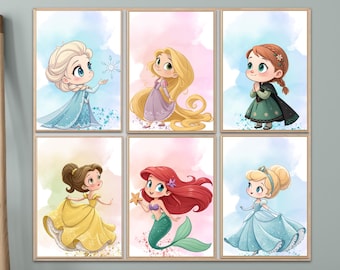 Watercolor Princess Art Prints (Set of 6) | Girls Room Fairy Tale Decor | Digital Download
