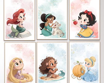 Watercolor Princess Prints Set of 6 | Fairy Tale Nursery Decor | Digital Download