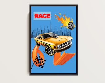 Yellow Muscle Racing Car Poster | Race Car Wall Art for Boys Room | Nursery Room | Garage Decor, Gift for Car Lovers | Digital Download