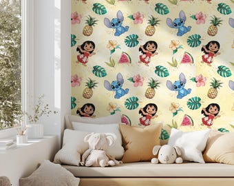 Aloha Mischief – Lilo & Stitch Tropical Yellow Wallpaper for Kids Rooms and Nurseries