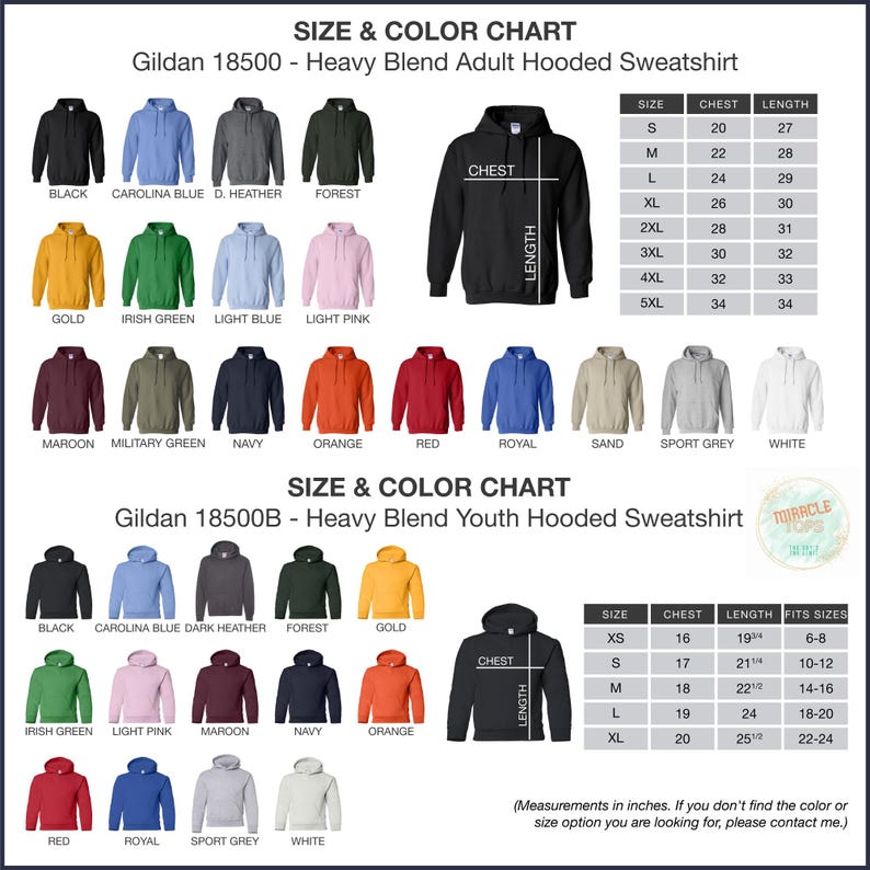 the size and color chart for a men's hoodie