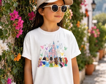 Comfort Colors® Disney Watercolor Princess Tshirt, Girls Magic Kingdom Tee, Mickey Castle Gift, Family Vacation, Girls Trip Shirt