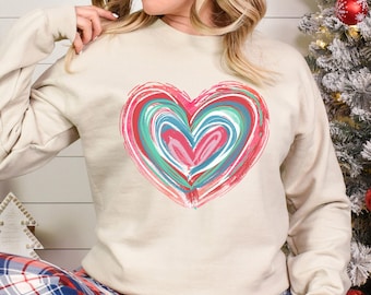 Colorful Heart Sweatshirt in Pastel Colors, Cute Love Graphic Crewneck,Cozy Aesthetic Valentine Shirt, Soft Everyday Heart Design Top 652580