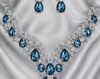 Women's Bridal Austrian Crystal Teardrop Necklace & Earrings Jewelry Set for Wedding, Prom, Party