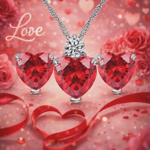 May include: A silver necklace with a diamond pendant and three heart-shaped red gemstones. The word "Love" is written in cursive. The background features red roses, hearts, and ribbons.
