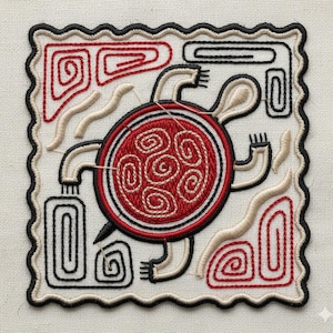 May include: Embroidered patch featuring a stylized turtle design with a red shell and black and white accents. The turtle is surrounded by geometric shapes and a wavy border. The patch is square and has a cream-colored background.