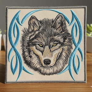 Realistic Wolf Head Embroidery Design – 3 Sizes Included – Tribal Celtic Frame Machine File
