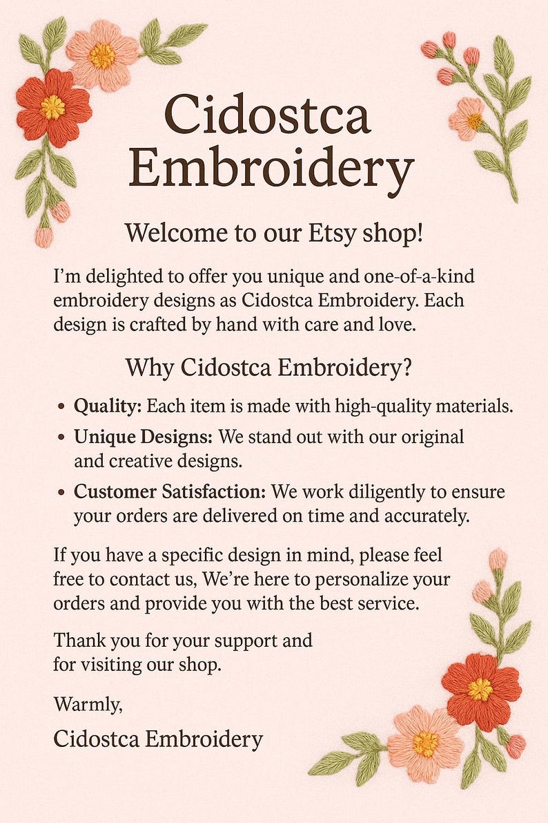Może przedstawiać: Obraz promocyjny dla Cidostca Embroidery, zawierający tekst i akcenty haftu kwiatowego. Tekst wita odwiedzających sklep Etsy, podkreślając unikalne, ręcznie robione wzory haftu. Obraz zawiera brzoskwiniowe tło z pomarańczowymi i r&oacute;żowymi akcentami kwiatowymi.