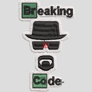 Może przedstawiać: Haftowana naszywka z napisem "Breaking Code" i wizerunkiem czarnego kapelusza, okular&oacute;w przeciwsłonecznych i brody. Naszywka ma białą obw&oacute;dkę i zielone akcenty. Projekt nawiązuje do popularnego serialu telewizyjnego.
