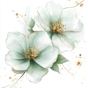 May include: Two delicate, watercolour-style flowers in shades of green and gold. The flowers have a soft, ethereal quality and are set against a white background.