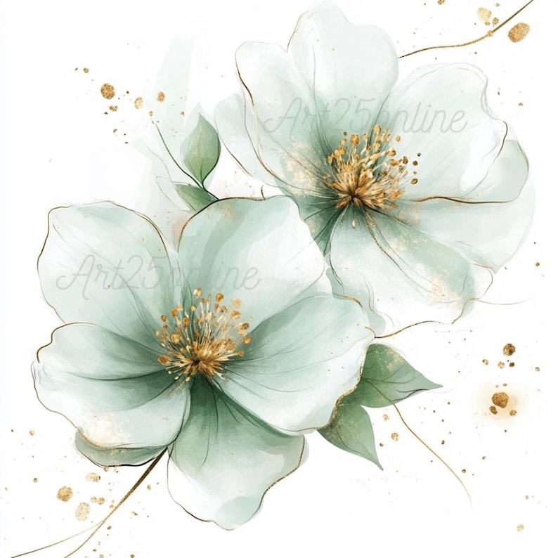 May include: Two delicate, watercolour-style flowers in shades of green and gold. The flowers have a soft, ethereal quality and are set against a white background.