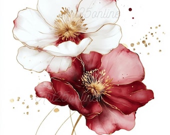 Red and White Floral PNG Clipart Set – 5 Watercolor Flowers with Gold Accents, Transparent Background, Elegant Botanical Art for Sublimation
