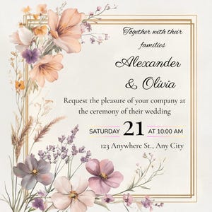 Invito a nozze con fiori di campo in PDF – Gold Boho | Elegante invito digitale floreale | Invito di nozze estetico stampabile | Download immediato