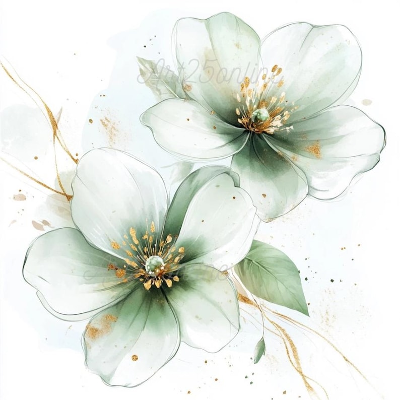 May include: Two delicate, watercolour-style flowers in shades of green and white with gold accents. The flowers have a soft, ethereal look and are set against a white background.