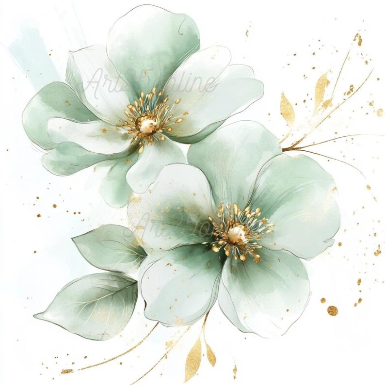 May include: Watercolour painting of two light green flowers with gold centres and gold accents on a white background.