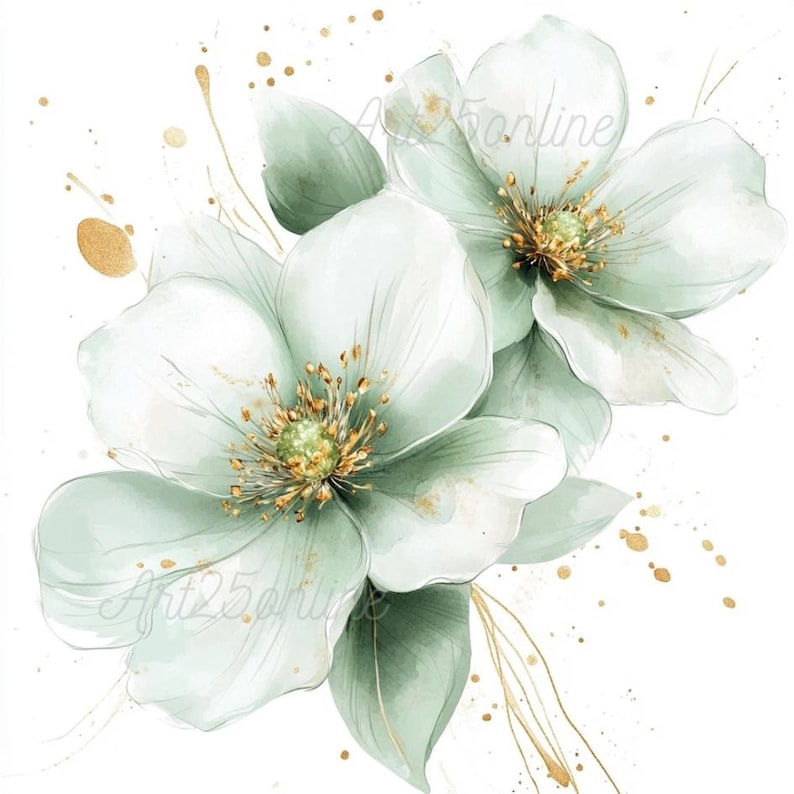 May include: Watercolour painting of two white flowers with green leaves and gold accents. The flowers have a soft, delicate look and are arranged in a bouquet.