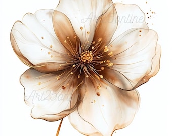 Brown Gold and White Floral PNG Clipart Set – 5 Watercolor Flowers, Transparent Background, Elegant Botanical Art for Sublimation and Design