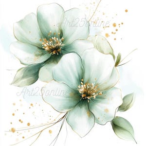 May include: Two delicate, light green watercolour flowers with gold centres. The flowers are painted on a white background with gold splatters.