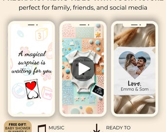 Animated Pregnancy Announcement Video: Editable Social Media Personalized Baby Reveal Template for Social Media Cute & Modern Digital Reveal