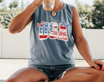 Comfort Colors Faux Patchwork Patriotic USA Flag Tank Top, America 250th Anniversary Tank, 4th of July Tank Top, 250th USA Flag Bow Tank Top