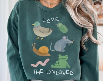 Comfort Colors Love the Unloved Sweatshirt, Funny Animal Tee With Pigeon Rat Frog Worm Snail Beetle, Cute Unisex Graphic T-Shirt Gift Idea