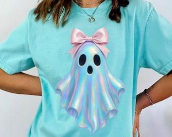 Shimmering Ghost Shirt, Iridescent Ghost Tee, Pastel Halloween T-Shirt, Comfort Colors Glittery Spooky Season Tee