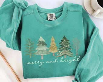 Comfort Colors Merry and Bright Trees Sweatshirt: Women's Christmas Shirt, Christmas Gift, Chic Mama Winter Shirt, Cute Holiday Tee