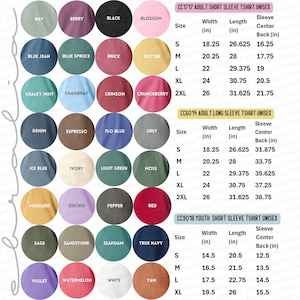 May include: A color chart for unisex t-shirts, including short and long sleeve options, with measurements in inches. Colors range from Bay to Yam, with sizes from S to 2XL. The chart provides width, length, and sleeve center back measurements.