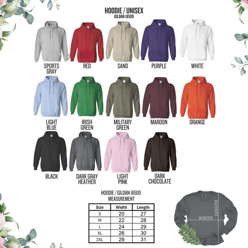 May include: A selection of unisex hoodies in various colors, including gray, red, sand, purple, and white. The image also displays light blue, Irish green, military green, maroon, orange, black, dark gray heather, light pink, and dark chocolate hoodies. A size chart is included.