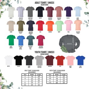May include: A product image showcasing a variety of unisex t-shirts in various colors, including white, black, and heather gray. The image also displays a long-sleeve shirt and size charts with measurements in inches for both adult and youth sizes.
