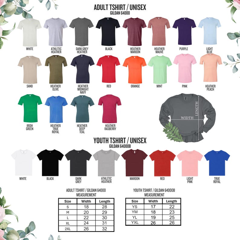 May include: A product image showcasing a variety of unisex t-shirts in various colors, including white, black, and heather gray. The image also displays a long-sleeve shirt and size charts with measurements in inches for both adult and youth sizes.