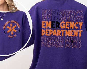 Emergency Department Halloween Sweatshirt, Custom Name Halloween ER Nurse Shirt, Emergency Nurse Shirt, Er Halloween Gift For Nurse