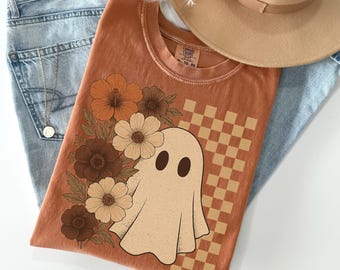 Comfort Colors® Checkered Ghost Shirt, Halloween Floral Ghost Shirt, Cute Fall Shirt, Cottagecore Ghost Tee