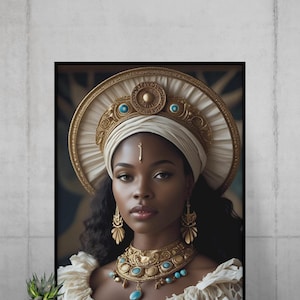 May include: A framed portrait of a woman adorned in gold jewelry and a matching headdress. The jewelry includes a necklace and earrings with turquoise accents. The woman has dark skin and is wearing a white head wrap and a cream-colored top.