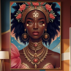 May include: A framed wall art print featuring a portrait of a person with dark skin and voluminous dark hair, adorned with a floral headpiece, intricate gold jewelry, and a layered necklace with red stones, set against a blue and pink background.