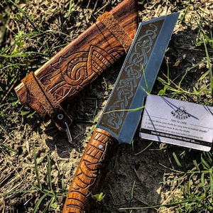 Handcrafted Viking Seax Knife with D2 Steel Blade, Engraved Wooden Handle & Carved Scabbard, Perfect Gift for Him, Anniversary Gift, Outdoor