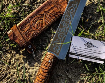 Handcrafted Viking Seax Knife | D2 Steel Decorative Blade | Carved Wood Handle & Scabbard | Collectible Norse Gift for Him, Anniversary Gift
